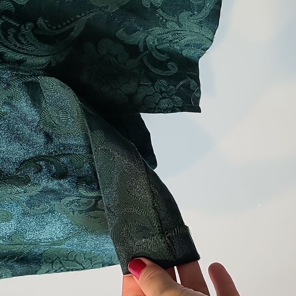 VINTAGE 1990s Emerald Green Satin Floral Dress Jewel Tone Jaquard Size 10P - Picture 7 of 8
